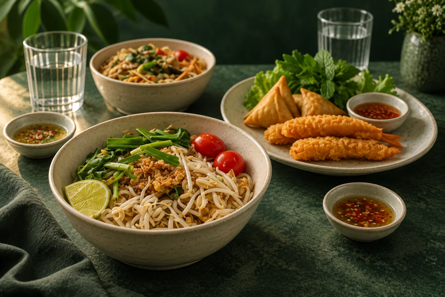 Pad thaï, samoussas et tempuras sur une table à partager